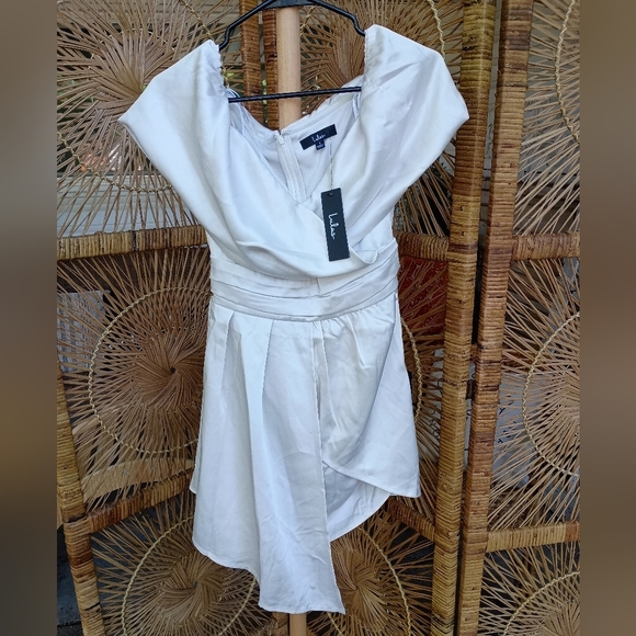 NWT Lulu's Elegant Off-Shoulder Ivory Satin Dress_Small - Picture 2 of 7